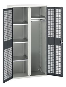verso ventilated door kitted cupboard with 4 shelves, 1 rail & partition. WxDxH: 1050x550x2000mm. RAL 7035/5010 or selected Bott Verso Ventilated door Tool Cupboards Cupboard with shelves